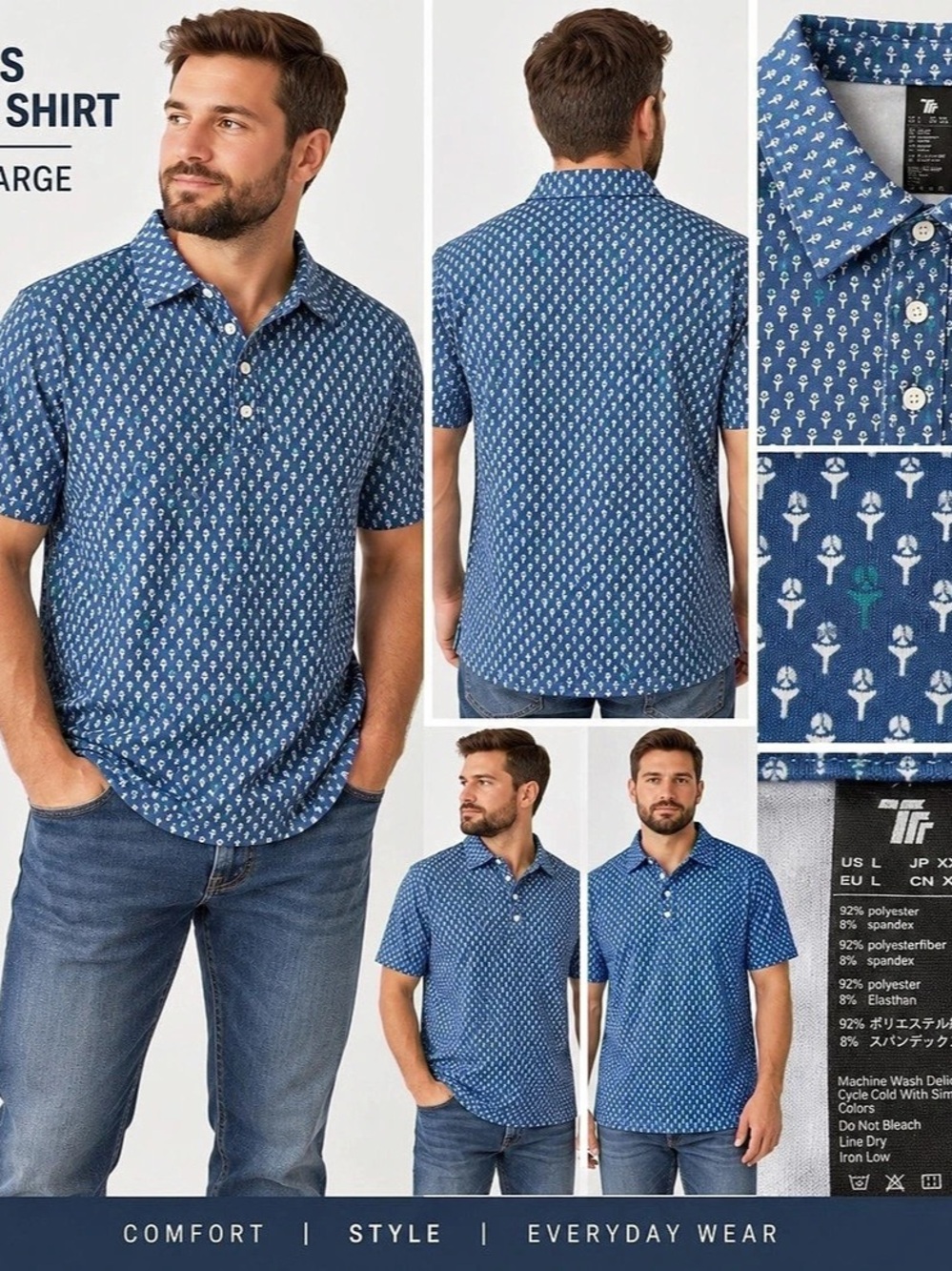 34 Men's Geometric Polo Shirt in Blue & White Size XL NWT